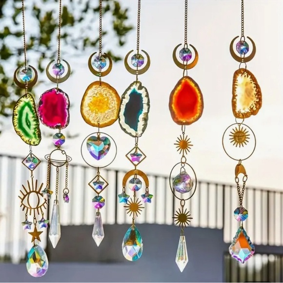 Set of 6 Crystal Suncatchers - Sparkling Hanging with Prisms, Agate Slices - Picture 1 of 7